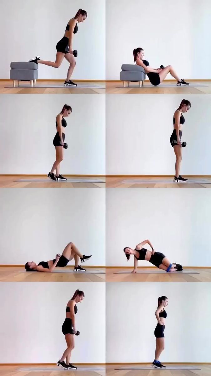 a woman in black shorts doing exercises on a wooden floor with one leg bent over the other