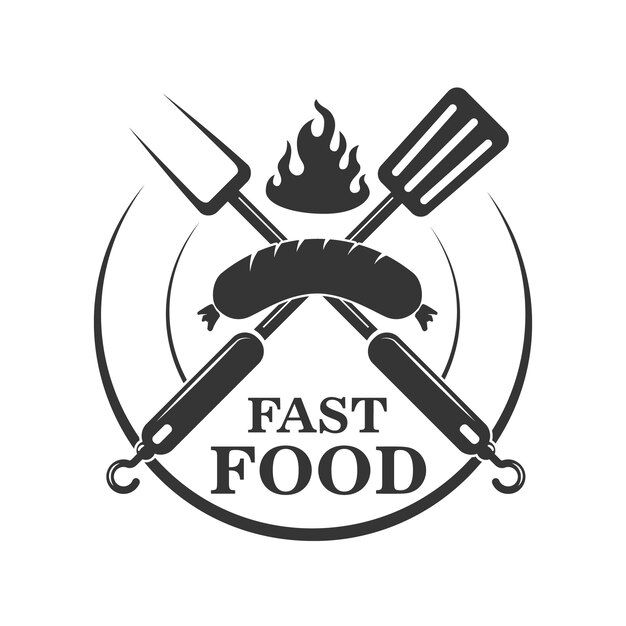 the logo for fast food with sausage and spatulas on white background stock photo