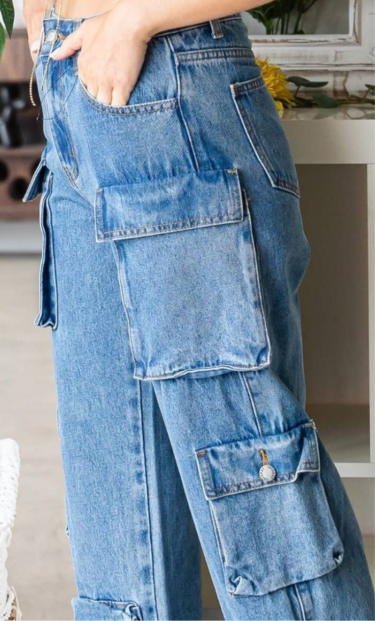 Relaxed fit cargo style denim. Medium wash denim. Denim Cargo, Cargo Style, Denim Wash, Denim Fashion, Baby Girls, Color Pop, Relaxed Fit, Color