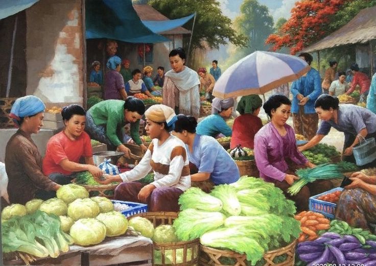 a painting of people shopping at an outdoor market