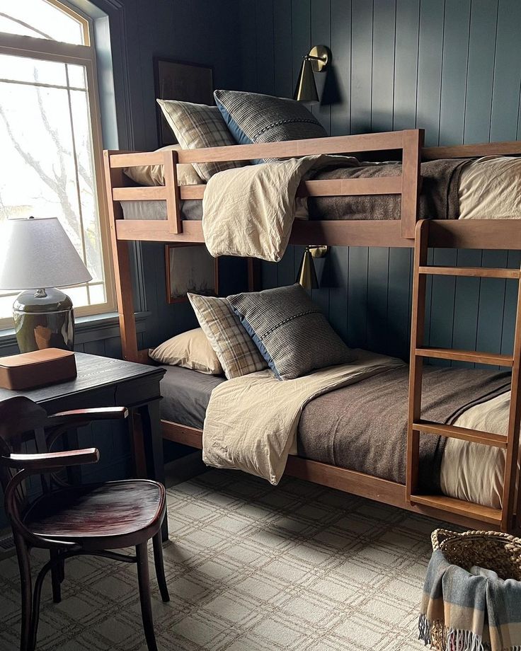 bunk beds are arranged in a room with blue walls and wood trimmings on the walls