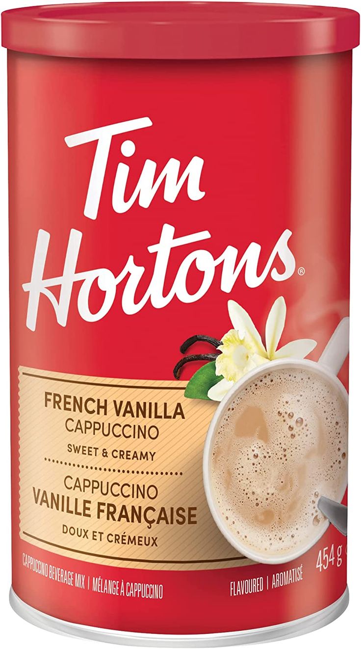 a carton of tim hortons french vanilla cappuccino coffee drink mix