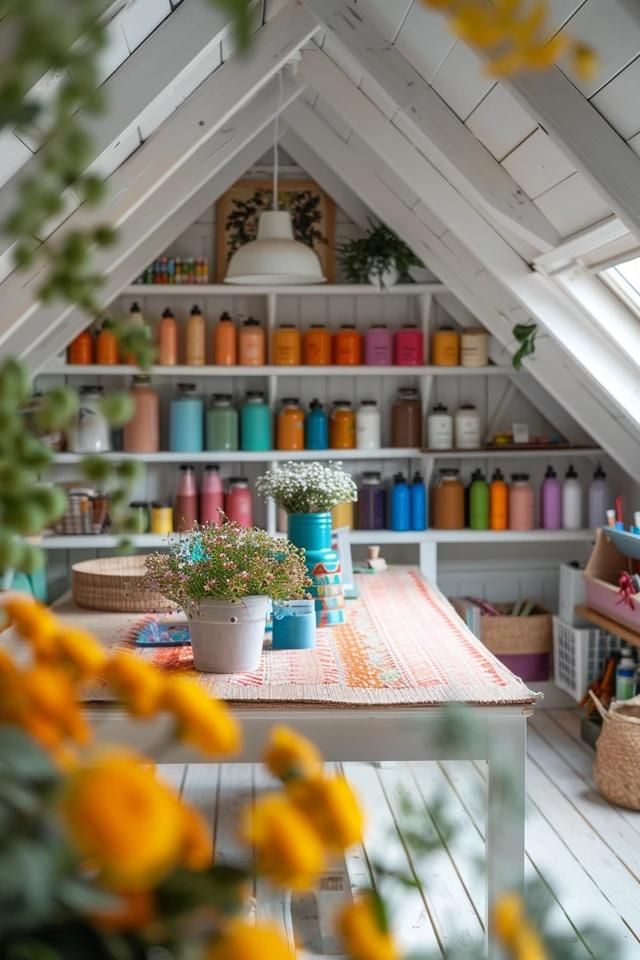 Attic Craft Room: Organized Creativity Attic Craft Room Sloped Ceiling, Attic Treasures, Cluttered Attic, How To Finish Attic Space, Old Farmhouse Attic Remodel, Attic Inspiration, Small Craft Rooms, Attic Space, Hanging Closet Organizer