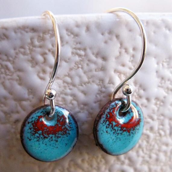 Ombre Circle, Torch Fired Enamel Jewelry, Enameling Jewelry, Copper Etching, Torch Fired Enamel, Ceramic Bead Jewelry, Small Dangle Earrings, Robins Egg, Enamel Earrings