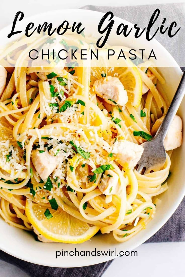 lemon garlic chicken pasta in a white bowl