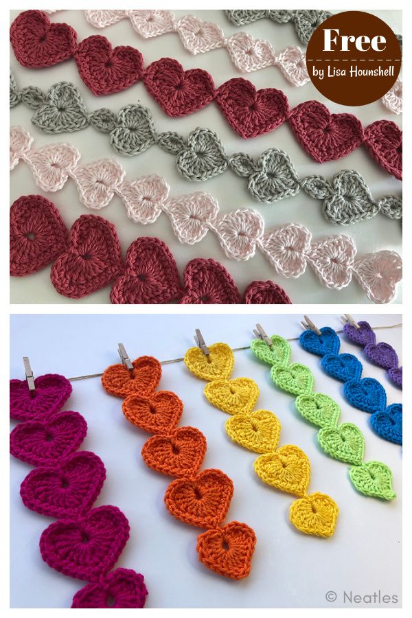 crocheted hearts are hanging on the clothes line and there is no image to describe