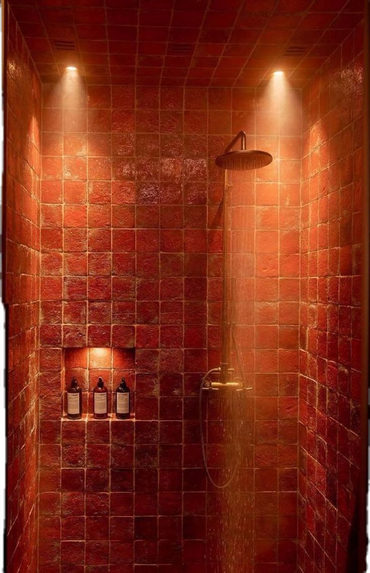 a red tiled bathroom with two lights on the wall and a shower head in the corner