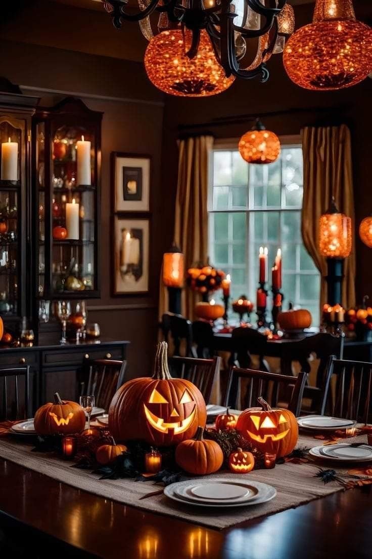 a dining room table decorated with pumpkins and candles