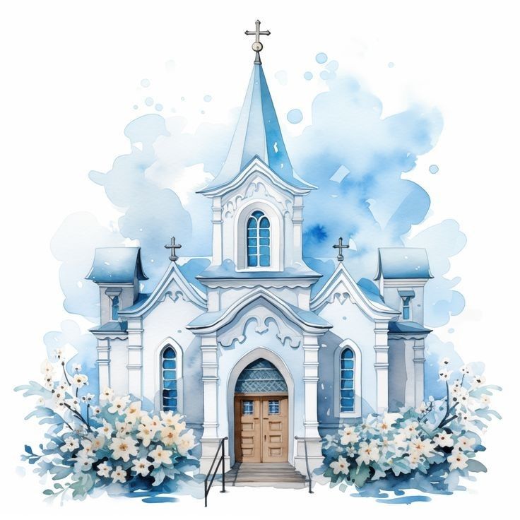 a watercolor painting of a white church with blue steeple and flowers on the front