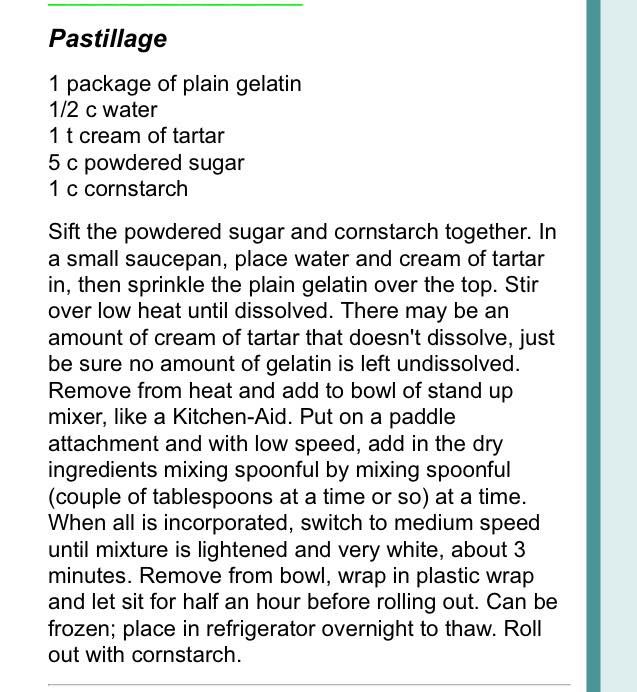 the recipe for pastilles is shown in green and white colors, with an image of