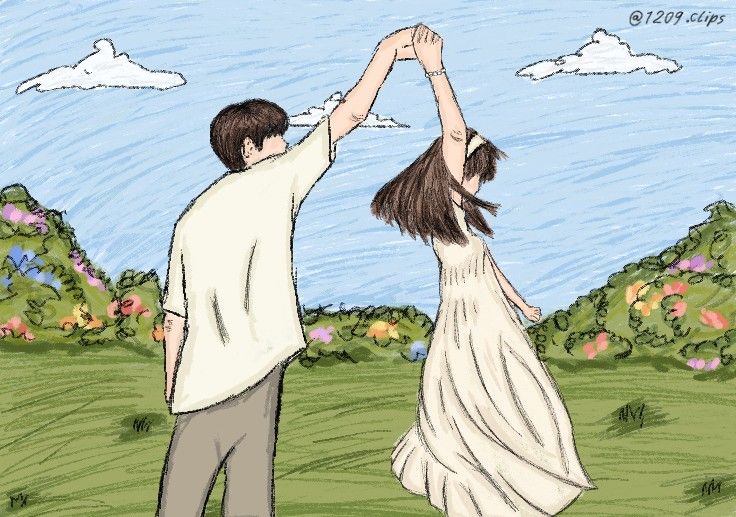 a drawing of two people holding hands in the air with flowers and clouds behind them