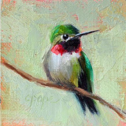 a painting of a hummingbird perched on a branch with pink and green background,