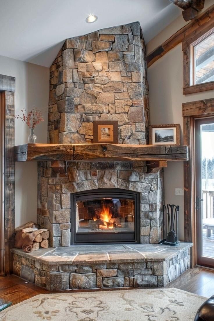 a living room with a fire place in the center and a rug on the floor