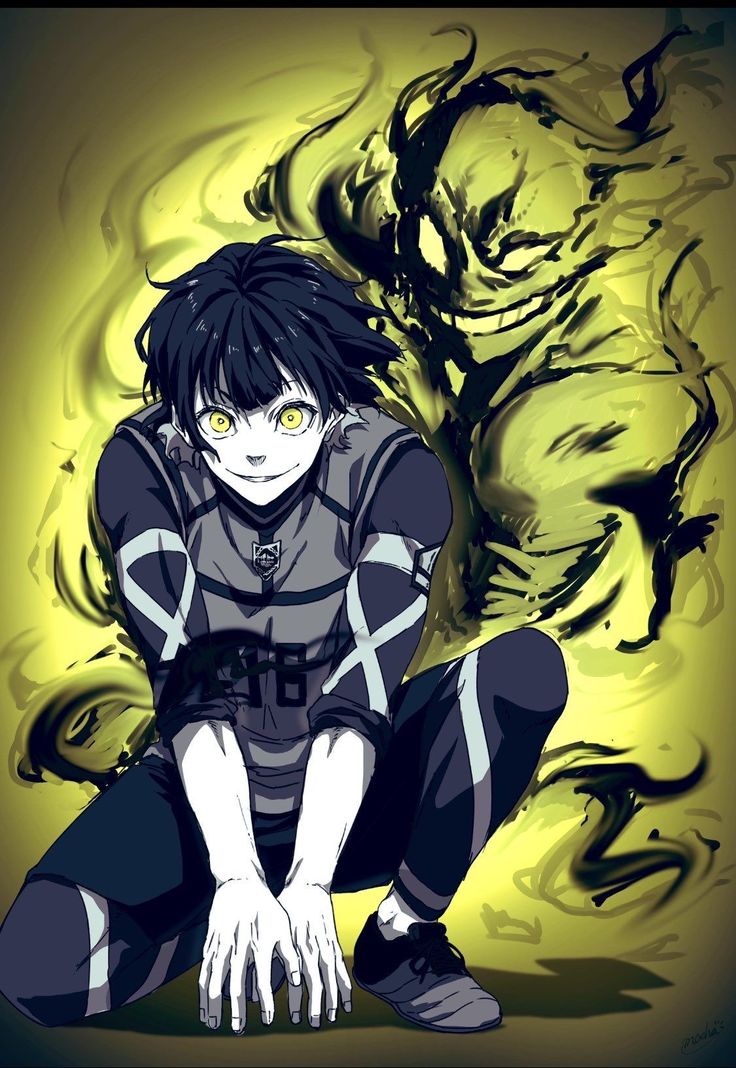 an anime character sitting on the ground in front of yellow and black swirly background