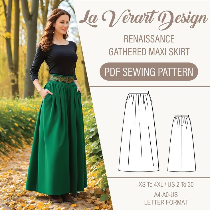 Experience the elegance of the Renaissance with this beautifully crafted wool gathered skirt. Designed to capture the timeless style of the era, this skirt is perfect for historical reenactments, Renaissance fairs, or adding a touch of classic sophistication to your wardrobe. *Compatible with all woven fabrics. *3 meters of fabric is sufficient for this design. *You will need a long invisible zipper. *You will need a button. *Our patterns have seam allowances. * US Sizes: 2, 4, 6, 8, 10, 12, 14, Maxi Skirt Pattern Free, Maxi Skirt Sewing, Maxi Skirt Sewing Pattern, Long Skirt Pattern, Maxi Skirt Pattern, Skirt Pattern Free, Boho Maxi Skirt, Princess Beauty, Skirt Sewing Pattern