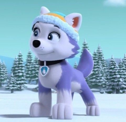 a cartoon dog with a hat on in the middle of a snow covered field and trees