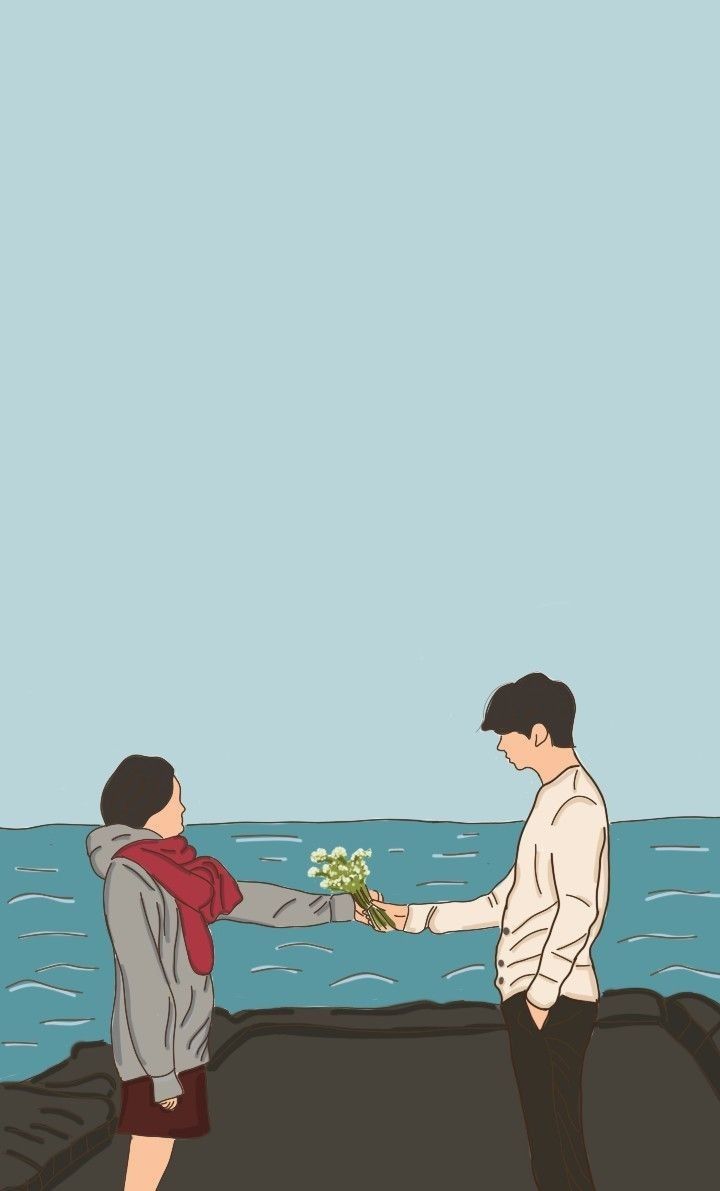 two people standing on the edge of a cliff near the ocean, one is giving flowers to the other