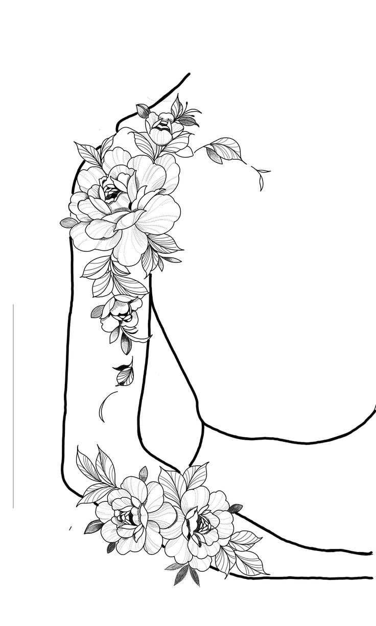 a black and white drawing of a woman's leg with flowers on it,