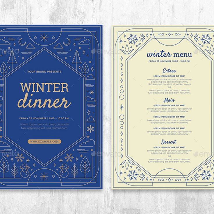 Ornate Winter Menu Template Traditional Menu Design, Winter Wonderland Graphic Design, Seasonal Menu Design, Christmas Menu Design Templates, Winter Menu Design, Christmas Graphic Design Poster, New Year Menu Design, Winter Design Graphic, Traditional Christmas Menu