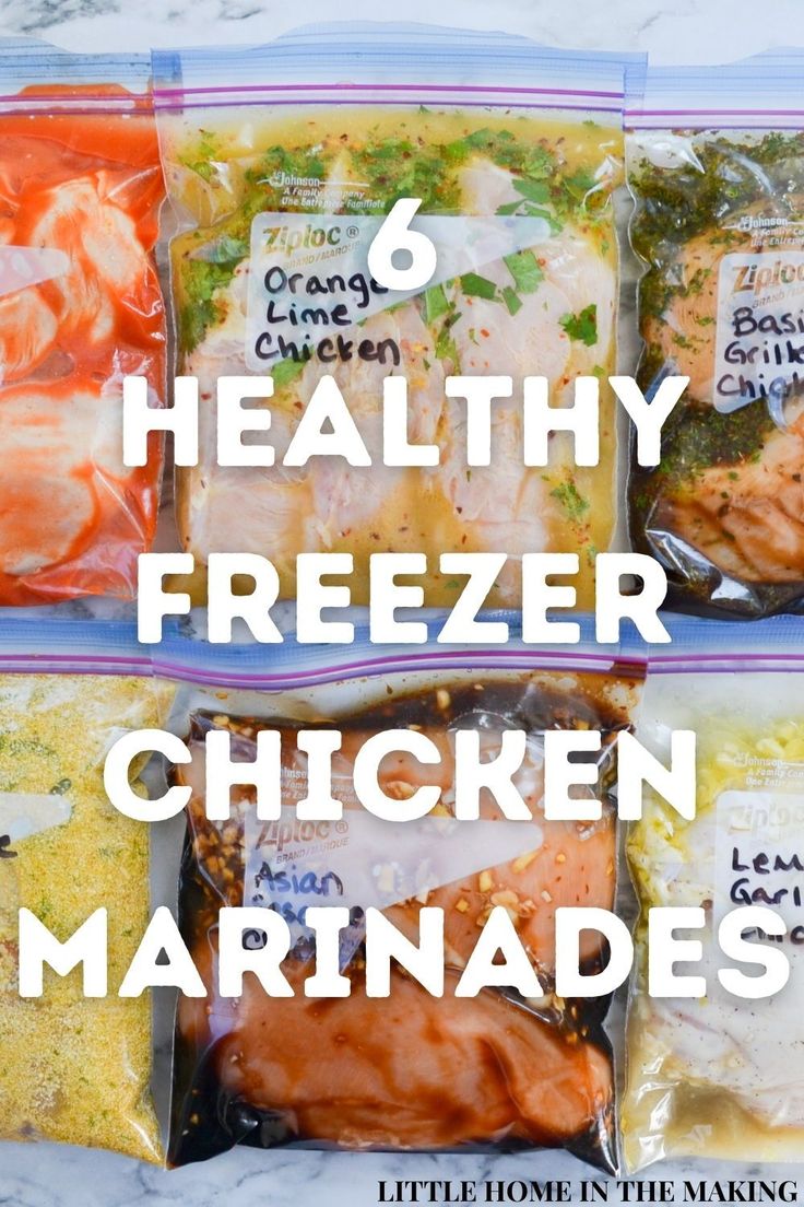 six freezer chicken marinades in bags with text overlay