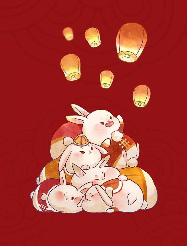 the rabbit family is sitting on top of each other in front of lanterns flying above them