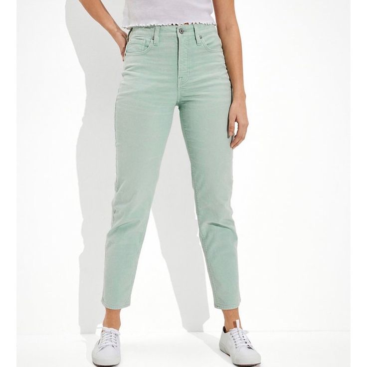 Mint Green Highwaist Tapered Leg Mom Jeans In Stretch Corduroy. Super Comfy & Very Versatile, Almost Neutral, Color!! Nwot Green Corduroy, Seafoam Green, American Eagle Outfitters Jeans, Neutral Color, High Jeans, Colored Jeans, Tapered Legs, Mint Green, American Eagle Outfitters