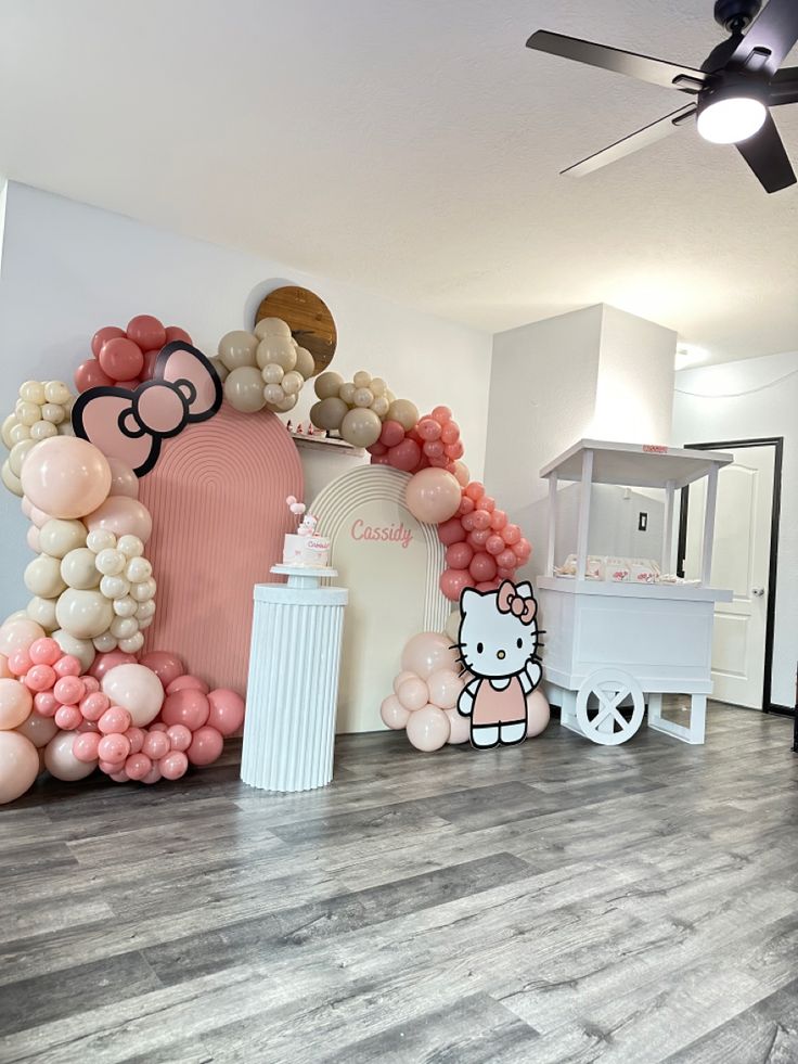 a hello kitty themed party with balloons and decorations