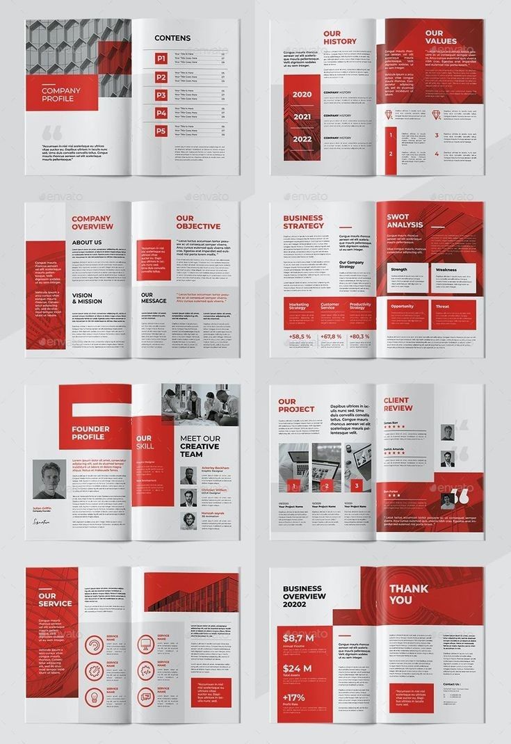 the red and white brochure is displayed on top of each other in this image