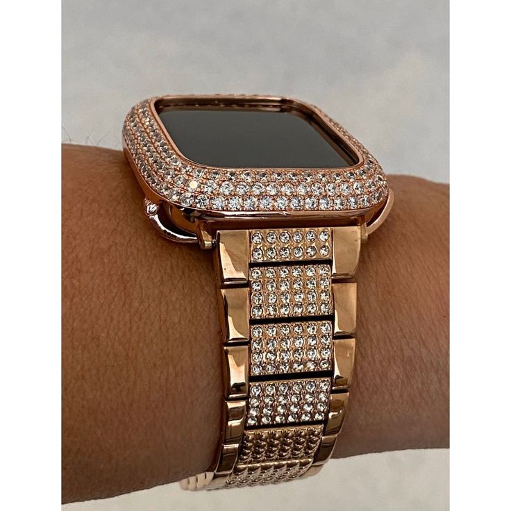 Fits the Apple Watch available for sizes 38,40,41,42,44 and 45mm in series 1,2,3,4,5,6,7,8 or SE Men's and Women's. Rose Gold Apple Watch Band Bling with high quality Swarovski Crystals set in stainless steel with a butterfly buckle. Fits wrist size from 5.5" to 8". Comes with a tool to remove links with instructions. Add a custom Rose Gold 14K Gold Plated Bezel with micro pave lab diamonds. Two bars on the back hold the watch firmly in place, easy to get on and off. Access to all button. **Appl Apple Watch Cover, Gold Apple Watch Band, Apple Watch Bands Women, Ceramic Apple, Apple Watch Fashion, Rose Gold Apple Watch, Gold Apple Watch, Gold Apple, Apple Watch Accessories