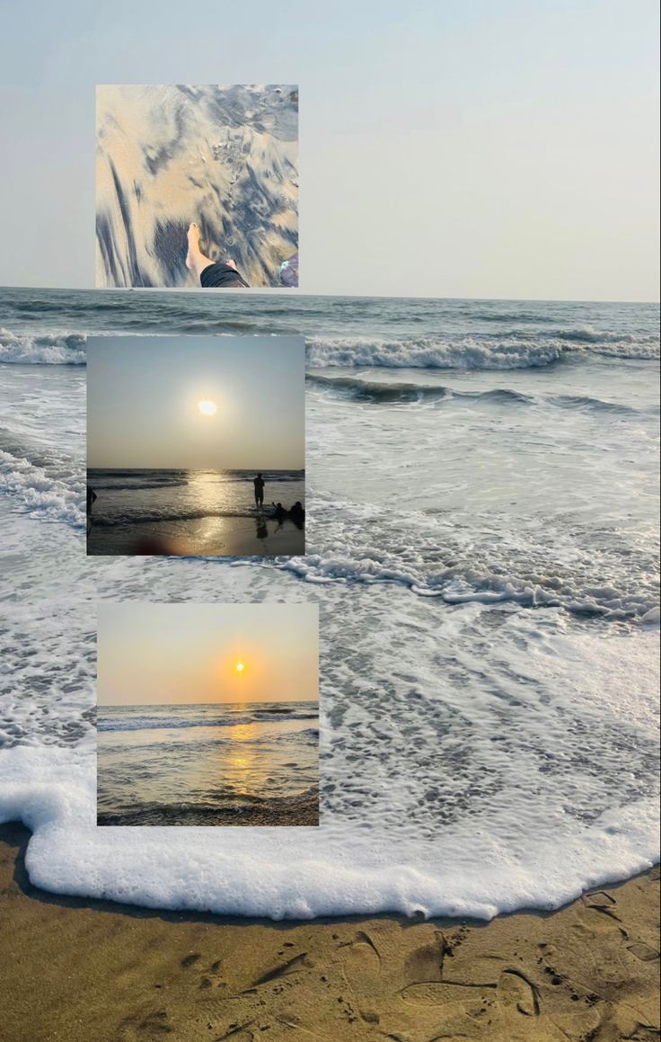 four different pictures of the ocean with waves coming in to shore and sun setting over the horizon