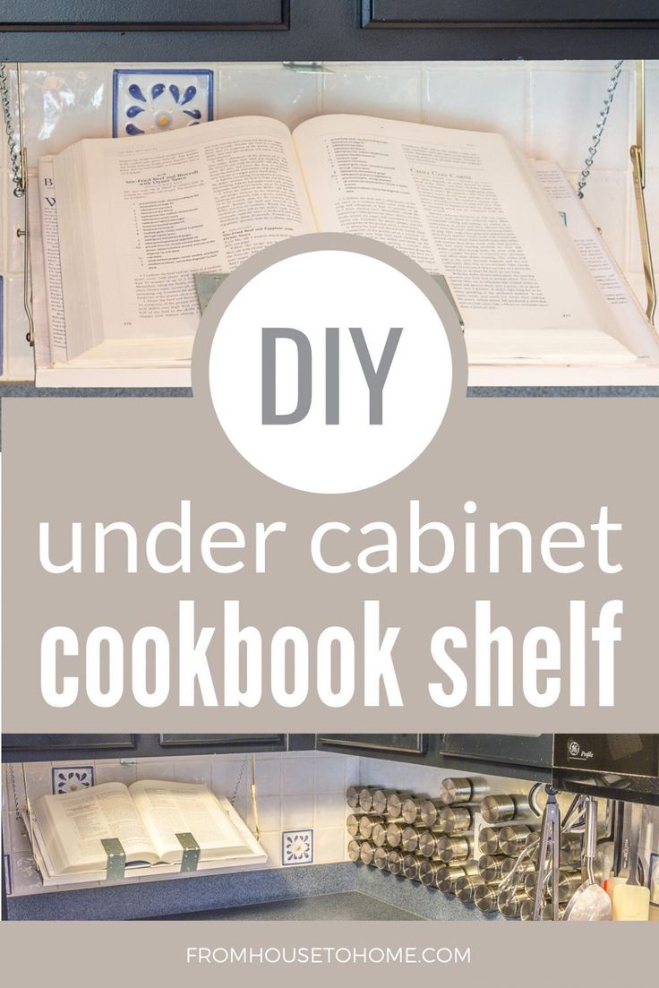 the under cabinet cookbook shelf is made from an old book