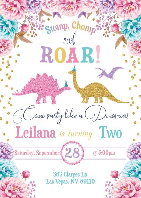 a birthday party with dinosaurs and flowers on the front, in pink, blue, yellow and green colors