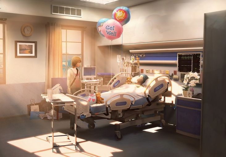 a hospital room with balloons floating in the air