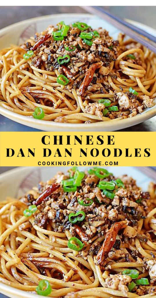 two plates filled with noodles and meat on top of each other, the words chinese dan noodles above them