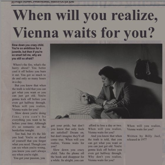 a newspaper article with an image of a woman sitting on a bed and the caption reads, when will you realize, vienna waits for you?