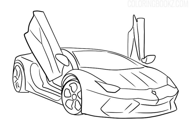 a drawing of a sports car with the hood open and its door open, in black and white