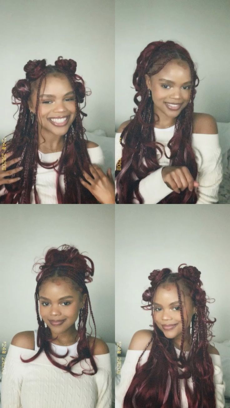 Knotted French Curl Braids, Red Braids French Curls, Cherry Red Braids Black Women, Burgundy Protective Hairstyles, Knot Less Braids Hairstyles With Curls, Red French Braids Black Women, French Curl Braids Bun, Boho Braids Claw Clip, French Curl Braids Hairstyles Updo