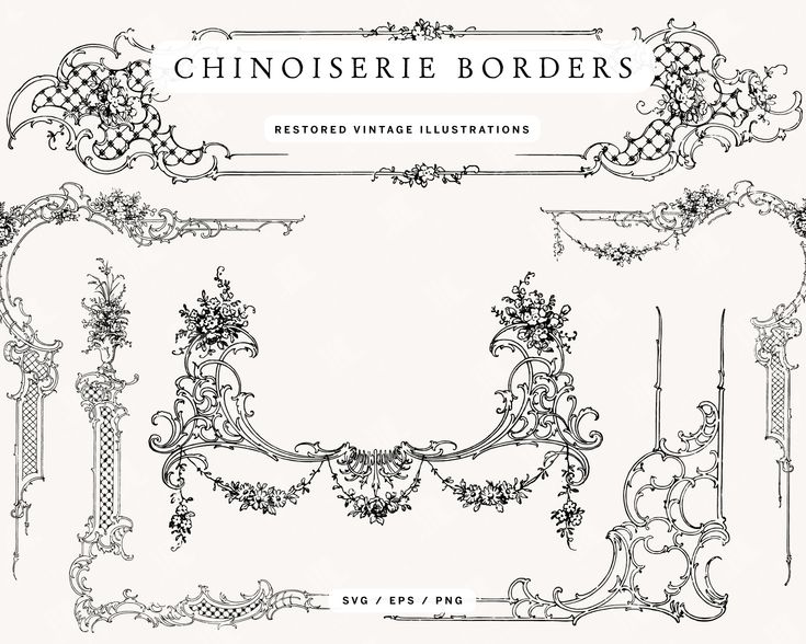 an ornate frame with flowers and vines on it, in black and white text that reads chinoiserie borders restore vintage illustrations