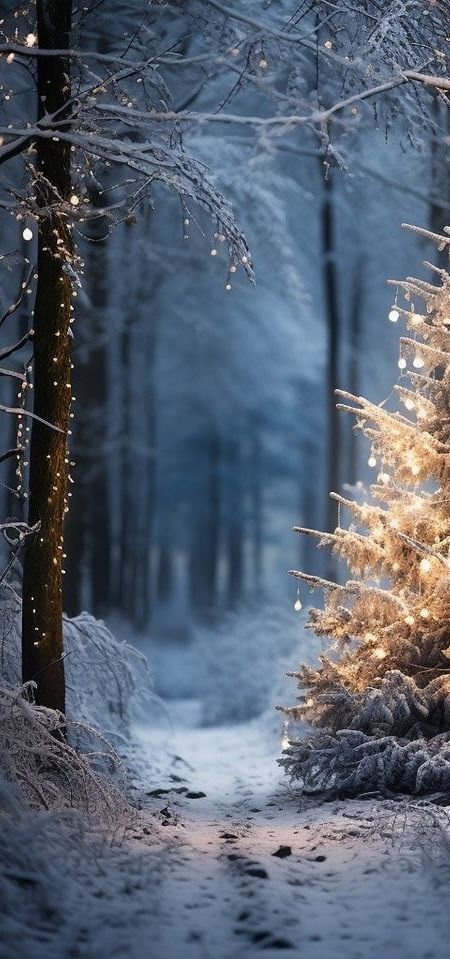 a snowy path leads to a lit christmas tree in the middle of a wooded area