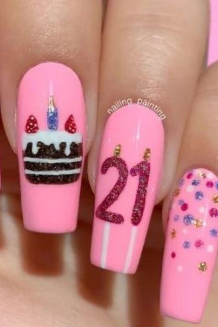 21st Birthday Nail Ideas Birthday Nail Set Ideas, Nail Set Ideas, Birthday Nail Set, Birthday Nail Ideas, 21st Birthday Nails, Birthday Nail Art, Birthday Nail Designs, Birthday Nail, Gold Nail Polish