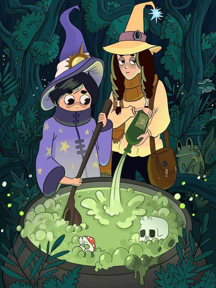 two people dressed as witches in front of a caulder filled with green liquid