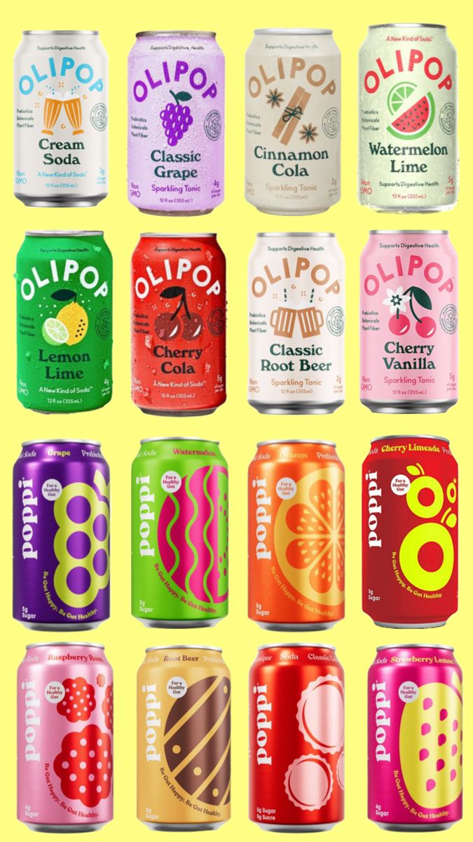 a bunch of different types of sodas on a yellow and pink background with the same color