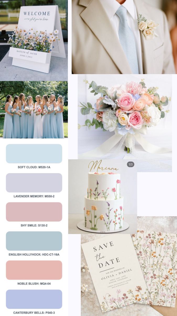 the wedding color scheme is pastel blue, pink, and white with flowers on it