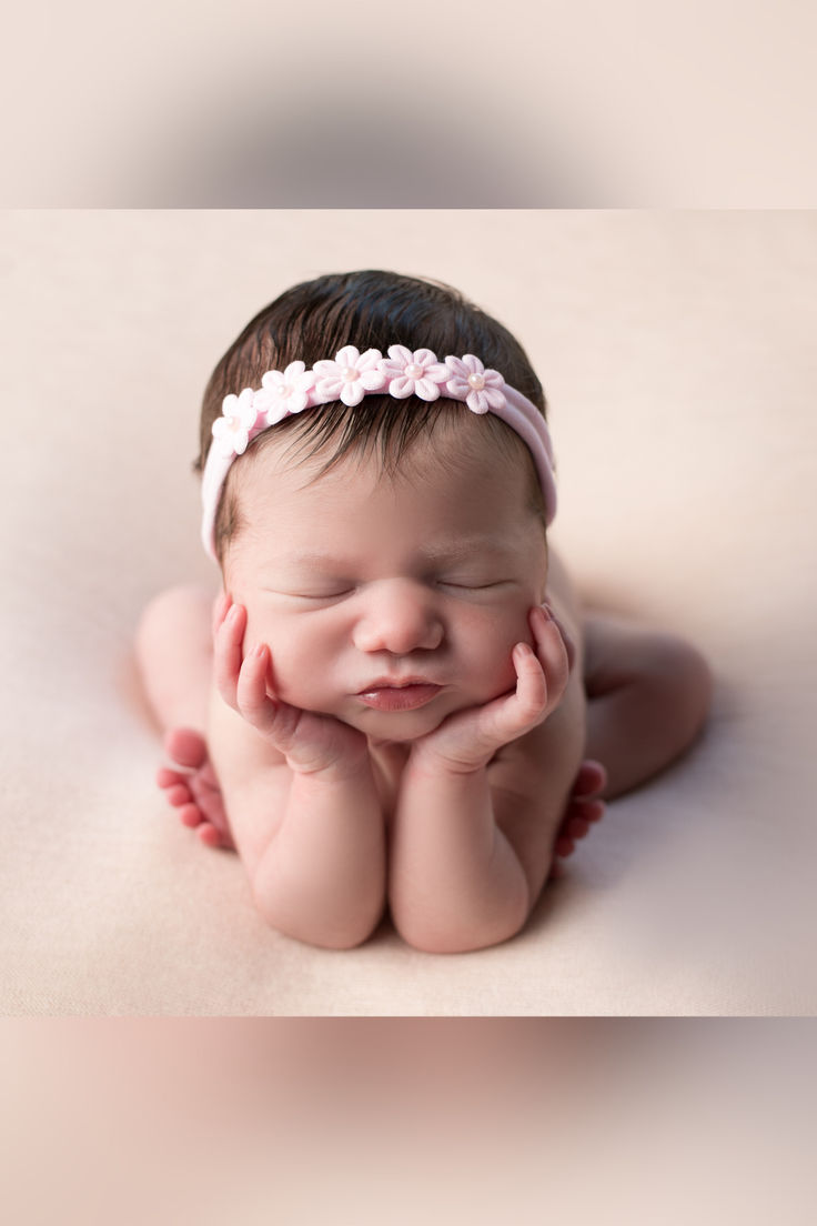 a baby is laying down with her hands on her face and eyes closed while wearing a pink headband