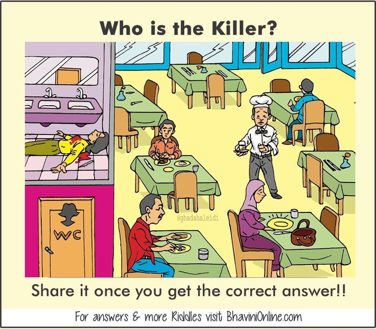 an image of a cartoon showing people in a restaurant who is the killer?, share it once you get the correct answer