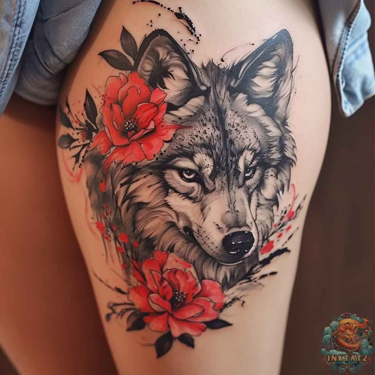 a woman's thigh with an image of a wolf and flowers on the side