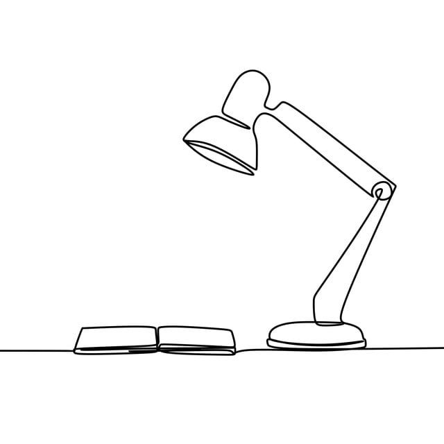 a black and white line drawing of a desk lamp with an open book on it