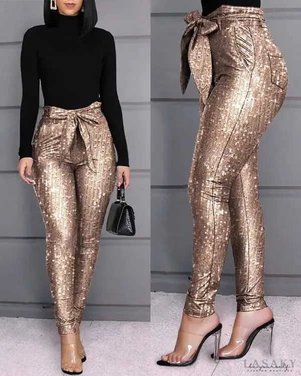 Lasaky - Sequin Tie Detail High Waisted Skinny Pants Sequin Pants, Eve Outfit, New Years Eve Outfits, Chic Me, Trend Fashion, Fashion Pattern, Look Fashion, Classy Outfits, Cargo Pants