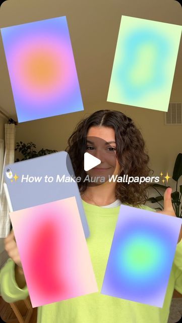 a woman holding up four square pictures with the same color as her thumbnails