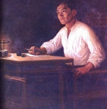 a painting of a man sitting at a desk in front of a lamp and paper